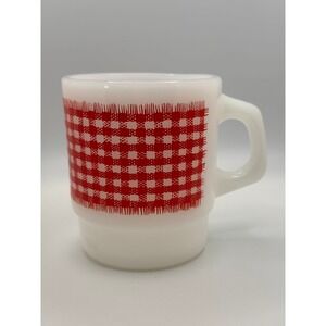 Fire-King Gingham Mug White Red Milk Glass Stackable Anchor Hocking Vintage MCM